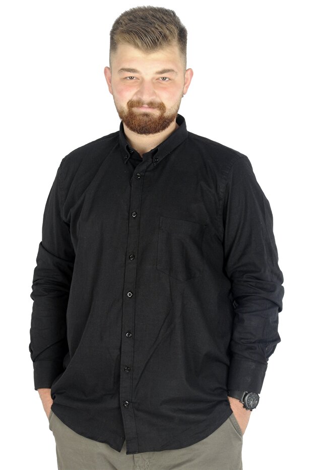 Modexl Mode XL Büyük Beden Erkek Keten Cepli Gömlek 20386 Siyah