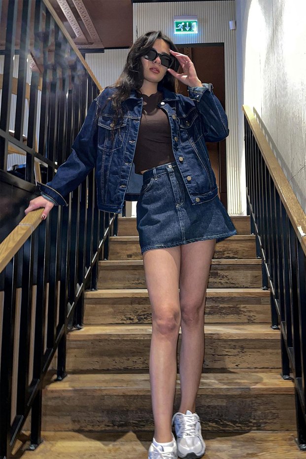 Color Stitched Short Denim Jacket - Navy Blue Navy Blue