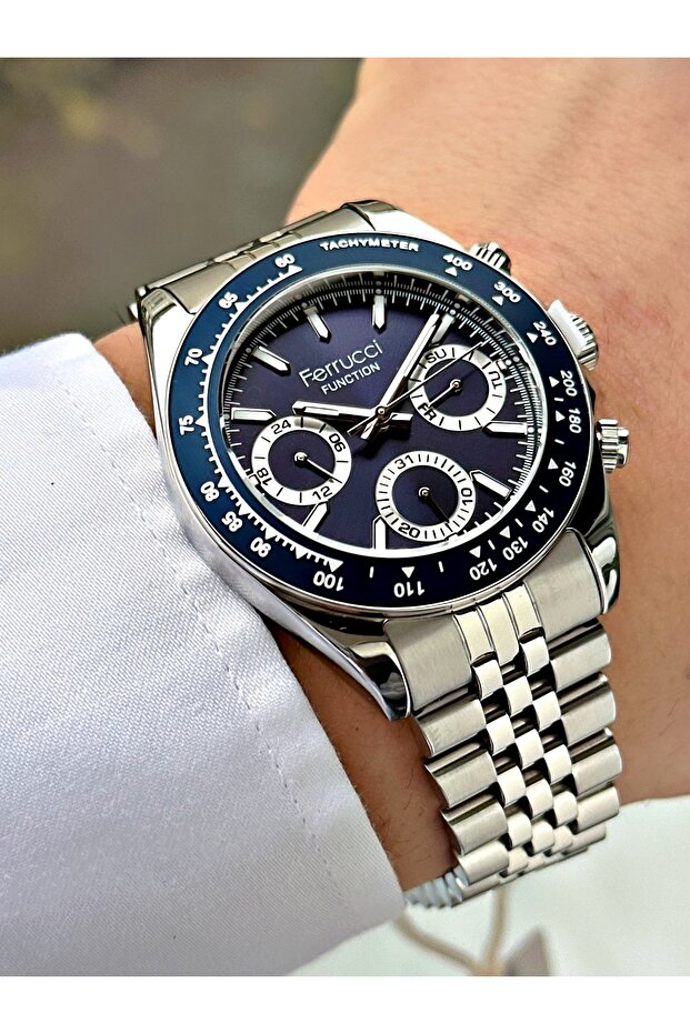 Functional Silver-Navy Color Steel Band Men's Wristwatch Frc2035Mr