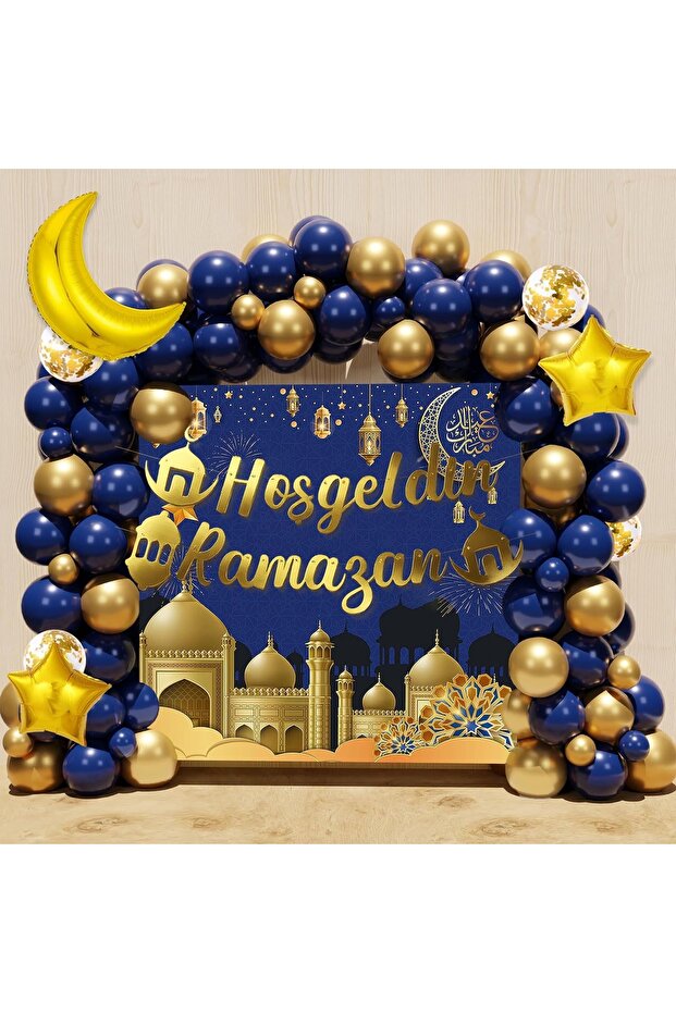 Navy Blue Gold Welcome Ramadan Balloon Chain Set and Welcome Ramadan Sign 103 Pieces