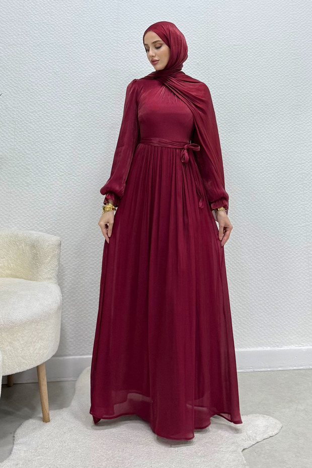 Siora belted janjan fabric hijab evening dress - burgundy