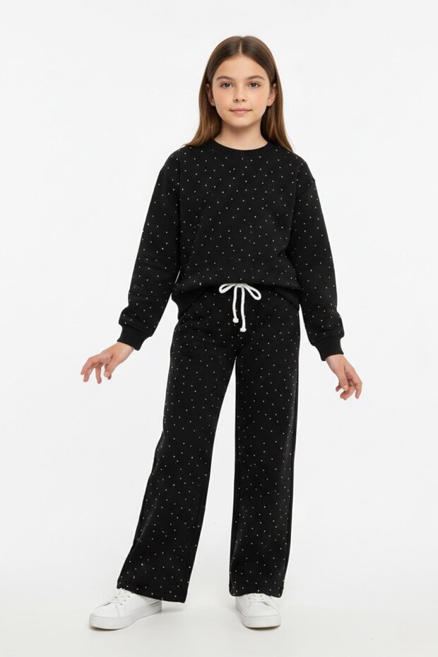 Stone Detailed Flared 100% Cotton Transitional Girls' Set