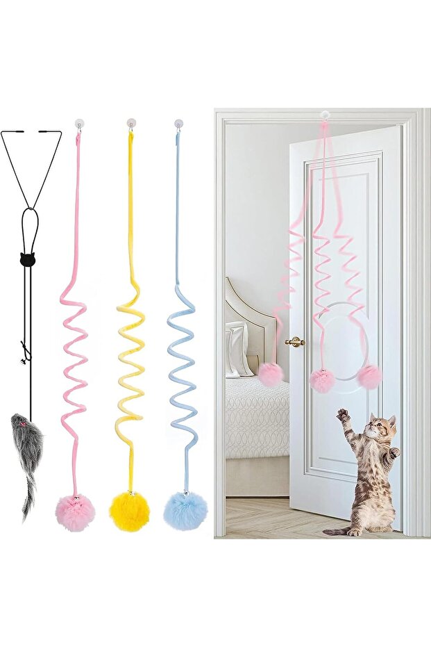 Hanging Stretchable Cat Spring Toys with Bell and Suction Cup,Soft Plush Interactive Teaser for Indoor Cats,4 Pieces