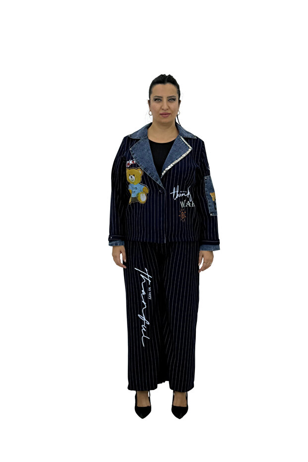 Plus Size Stone Bead Embroidered Striped Denim Detailed Elastic Waist Double Women's Jacket Set