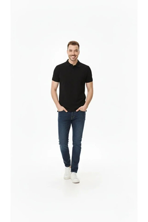 Men's Pique Fabric Buttoned Collar Regular Fit Casual Short Sleeve T-Shirt - Black