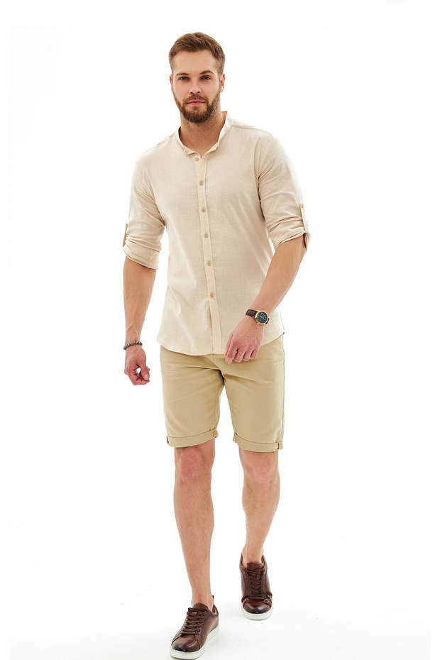 Slim Fit Linen Notched Collar Men's Shirt with Folded Sleeves