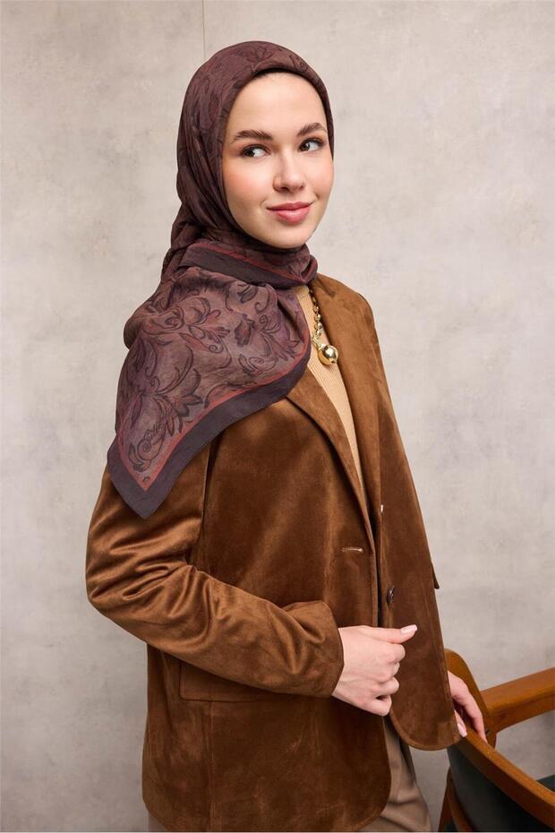Viskose Velora Scarf Bitter Brown Tone Baroque Floral Patterned Tok Duruşlu 90X90