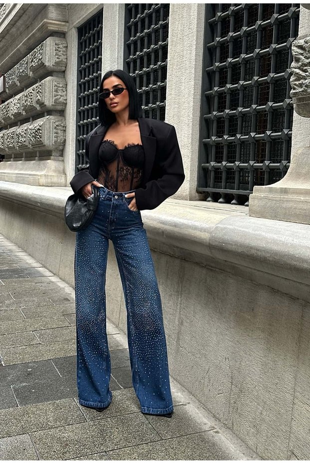 Wide Leg High Waist Baggy Jean Trousers with Stones