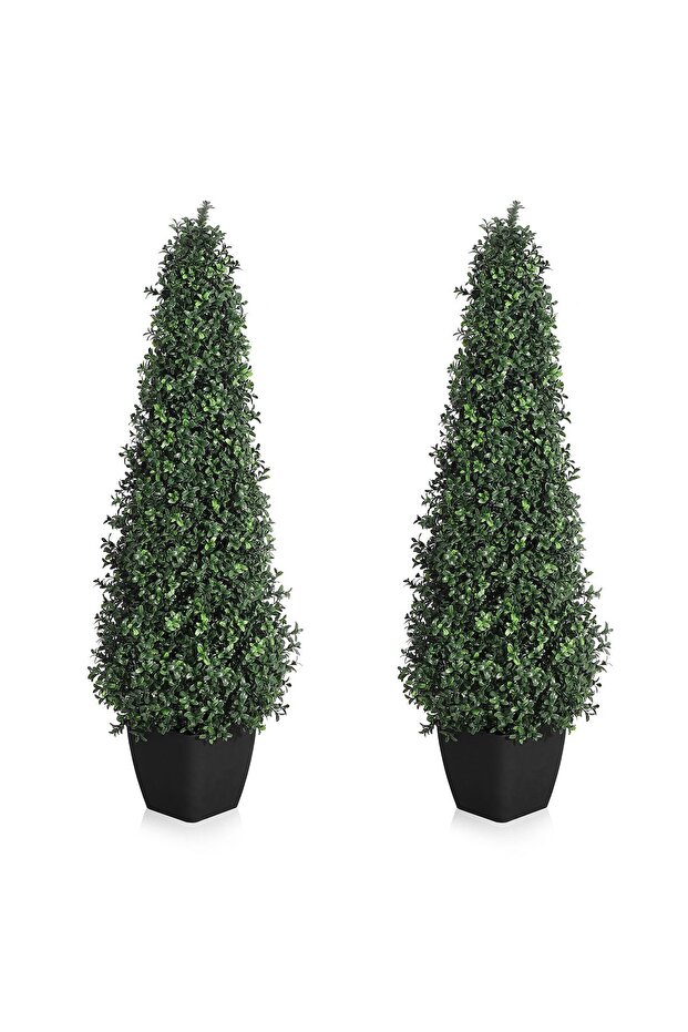 90cm Artificial Boxwood Topiary Trees, Set of 2, with Black Planter, Indoor Outdoor Decorative Trees