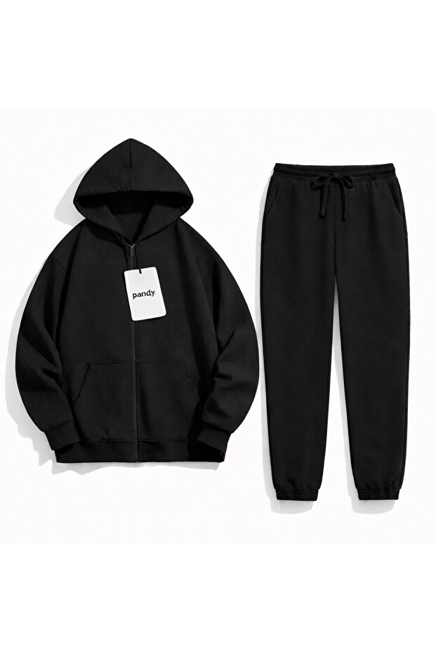 İki İplik Şaa Fleece-Lined Aça Elastic - Zippered Cardigan Full Fit 2-Piece Tracksuit Set
