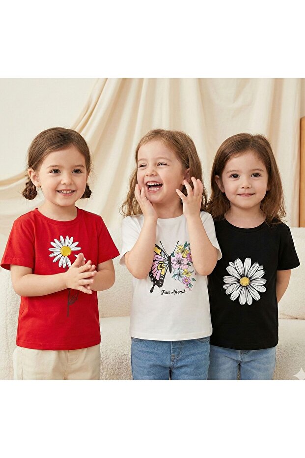 3-Pack Butterfly Daisies Printed Children's Cotton T-Shirt