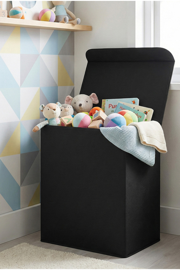 Black Lid Toy Box Foldable Stain Resistant Children's Room Basket Organizer Toy Box
