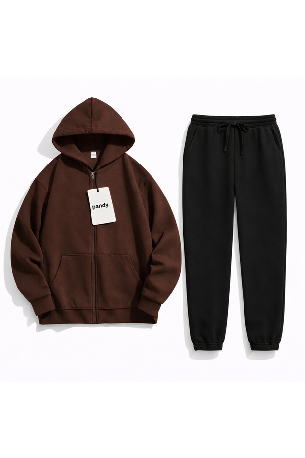 İki İplik Şaa Fleece-Lined Aça Elastic - Zippered Cardigan Full Fit 2-Piece Tracksuit Set