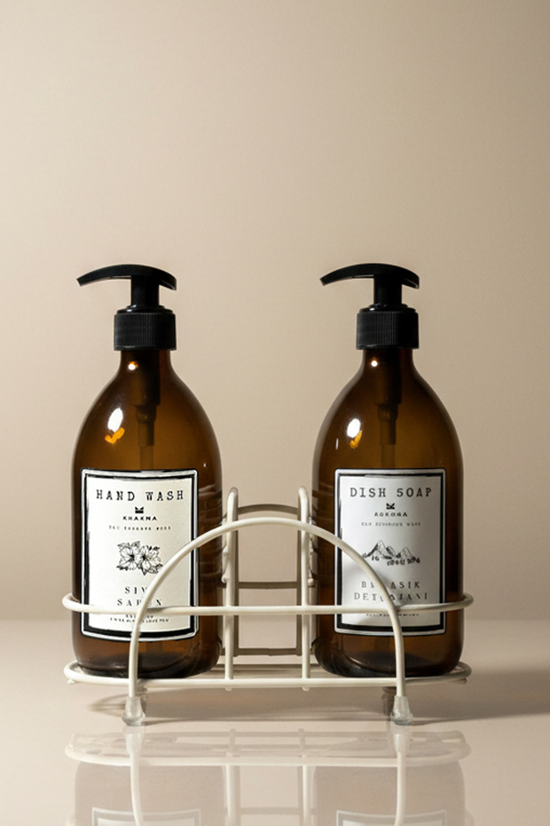 Home 2-Piece Amber Glass Soap Dispenser Set 500 ml - Kitchen Set with Sponge Compartment and White Metal Stand