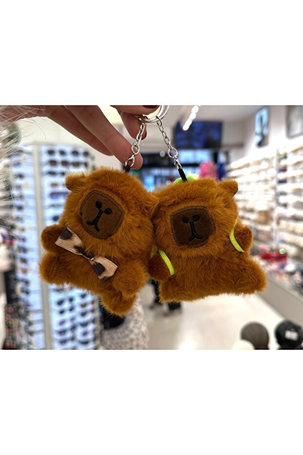 2-Piece Capybara Keychain Bag Charm Plush 10 cm with Backpack and Bow Tie