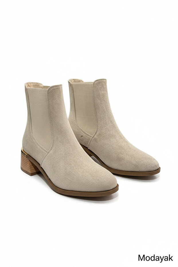Florin Cream Suede Zippered Elastic Heel Golden Buckle Half Boots