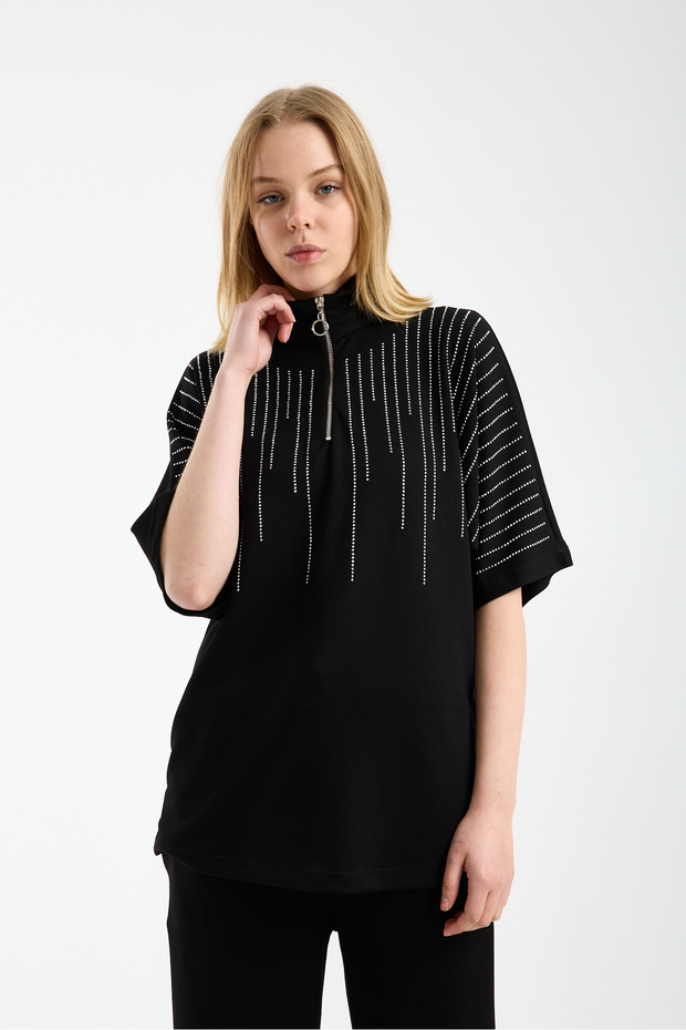 Women's Zippered Modal Fabric Stone Detailed Oversized Piece Set