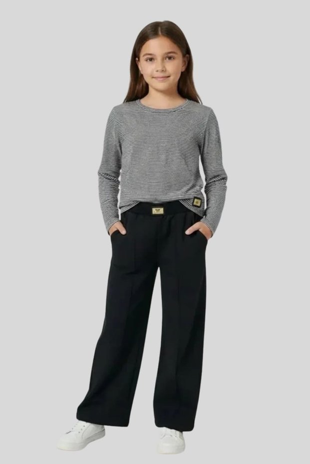 Girls' Striped Combed Cotton Suit - Relaxed Fit Black Pants Set