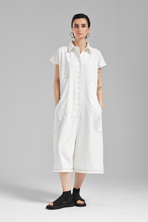 Women's Woven Fabric Short Sleeve Comfortable Fit Jumpsuit Salopet