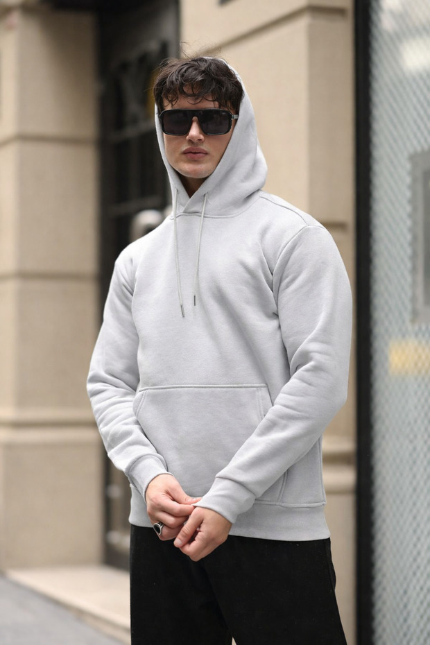 سويت شيرت رجالي ذو جيب كنغر وقلنسوة باللون الرمادي الأساسي - 5