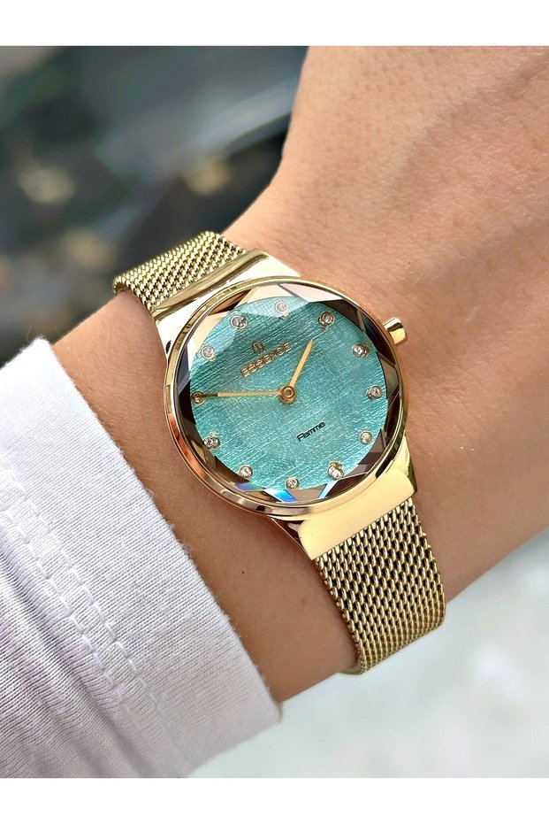 Special Design Gold-Turquoise Color Steel Mesh Band Women Wristwatch Es6697Mr