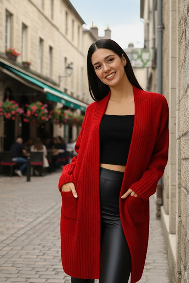 Women's Red Oversize Pocket Knitwear Cardigan