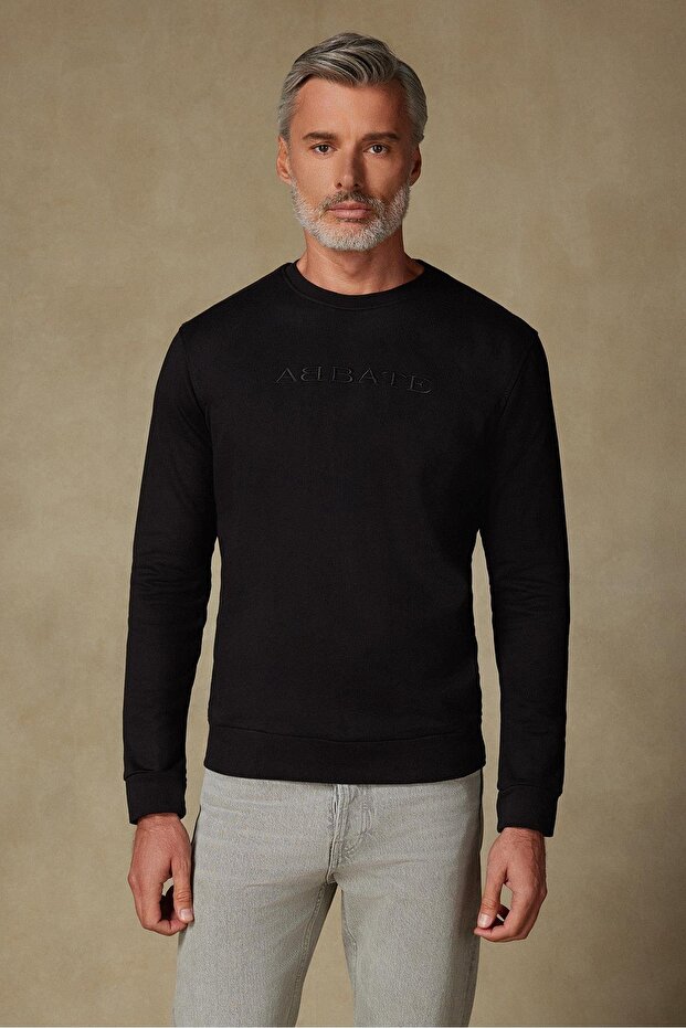 Sweatshirt Knitted Fabric Cotton Comfort Fit Black Crew Neck Men's Embroidered Sweatshirt