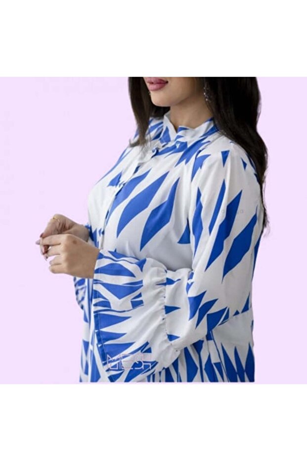 Printed Cotton Galabeya in Blue جلابية قطن مطبوع باللون الازرق