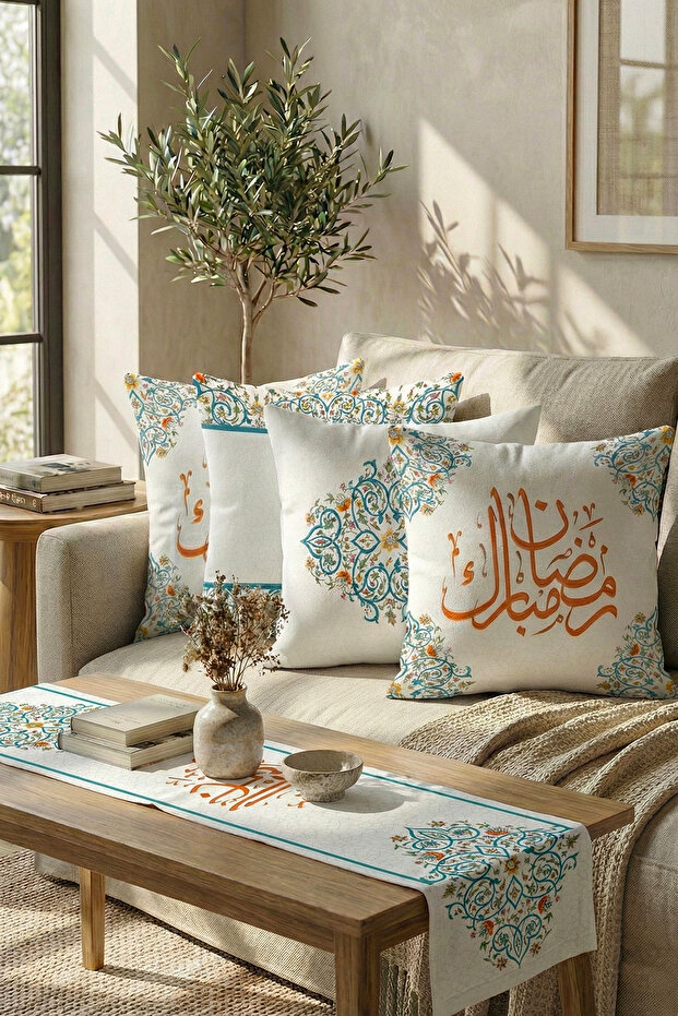طقم غطاء وسادة مزخرف بنقوش زرقاء وبرتقالية بطابع رمضاني، مكون من 4 قطع، بالإضافة إلى مفرش طاولة واحد