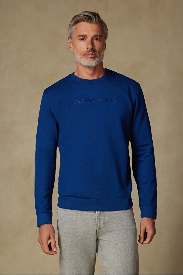Sweatshirt Knitted Fabric Cotton Comfort Fit Cobalt Crew Neck Men's Embroidered Sweatshirt