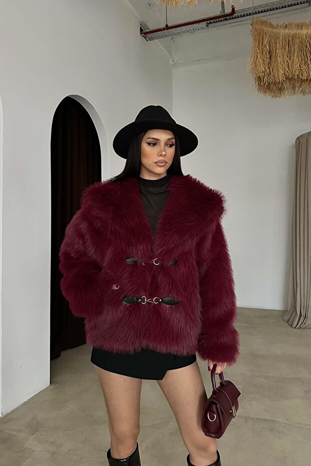 Women's Burgundy Pocket Lined Oversized Fur Jacket Mlb135
