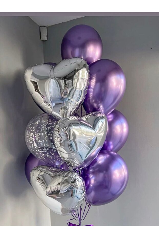 Purple Balloon Bundle Set with Silver Heart Foil Balloons, 13 Pieces