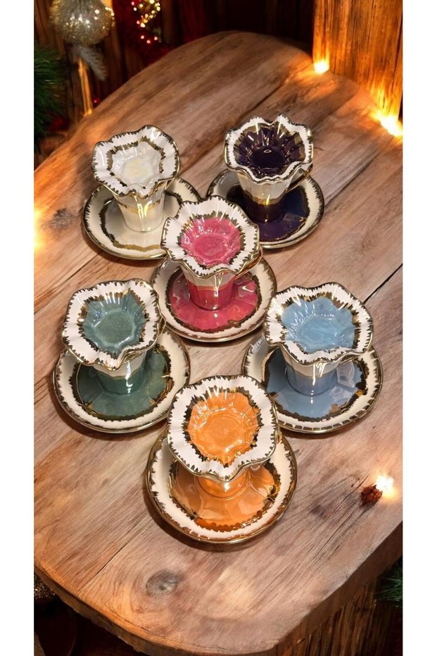 Zikzak Porcelain Hand Painted Coffee Cup Set with 6 Lucky Bowl