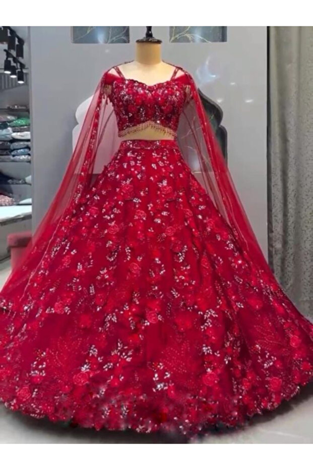 Red Lehenga Blouse & Dupatta Set - HRT1361 | Red