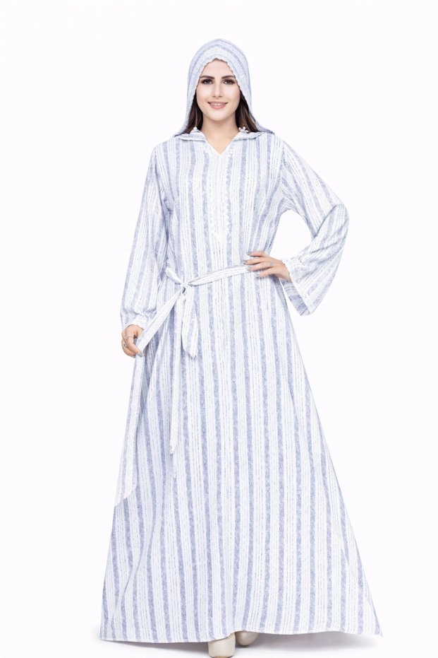 Women’s Striped Hooded Kaftan Abaya with Belt