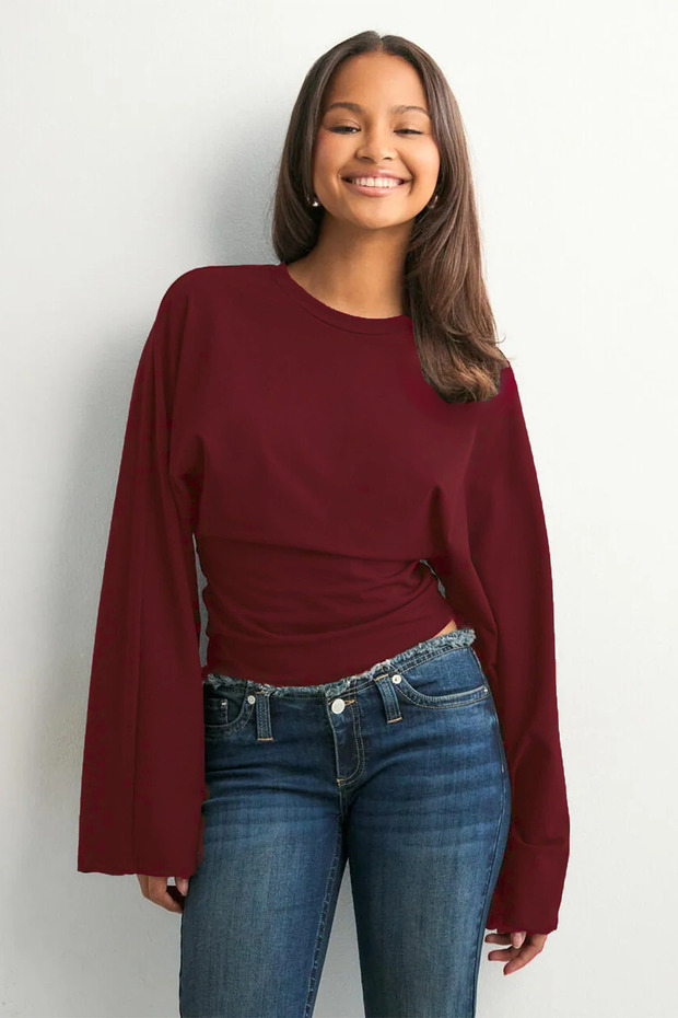 Women's Crew Neck Wide Sleeve Blouse