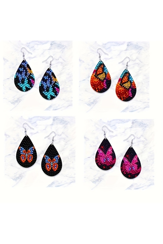 WHITE 4/Set of Butterfly Series Pattern Diamond Painting Earrings Set, DIY Creative Diamond Painting