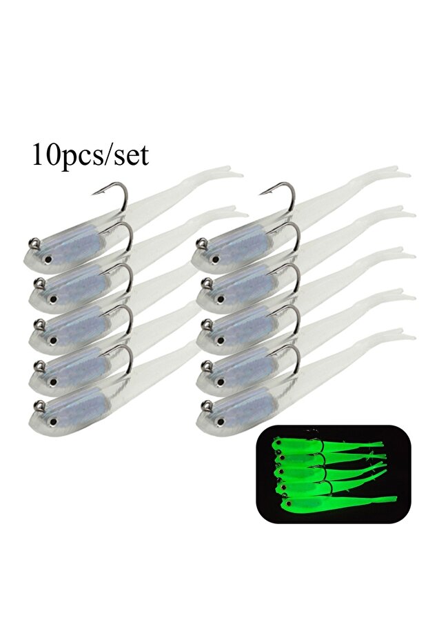 Glow-10pcs-soft Ackibbik 10pcs Glow Silicone Fishing Lures Soft Artificial Bait with Hooks for Saltw