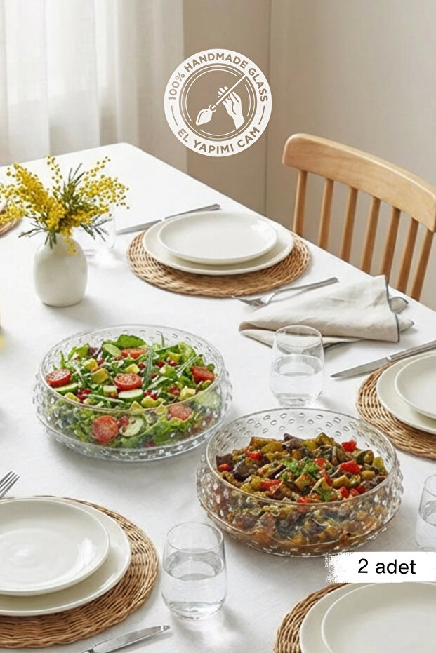 Selen Concept Bubble Model Mega Size Handmade Glass Salad and Presentation Bowl Set of 2