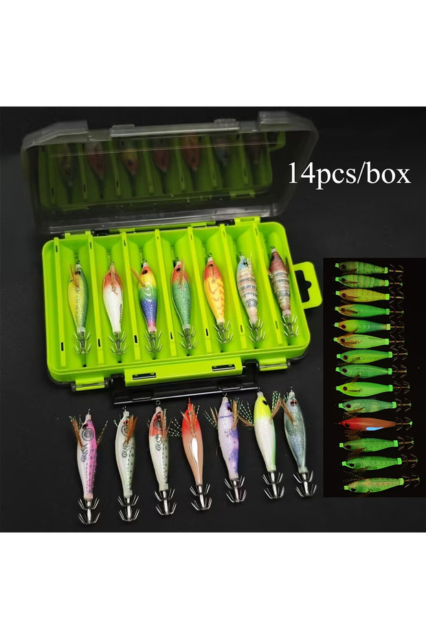 14pcs-box-Fishing 14pcs/box Glow Horizontal Squid Jig Hook Saltwater Shrimp Fishing Lure Octopus Cut