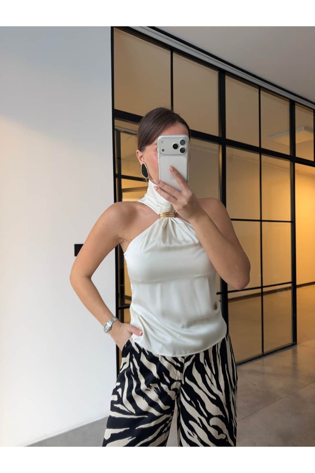 Halter Neck Satin Blouse with Gold Accessories Ecru