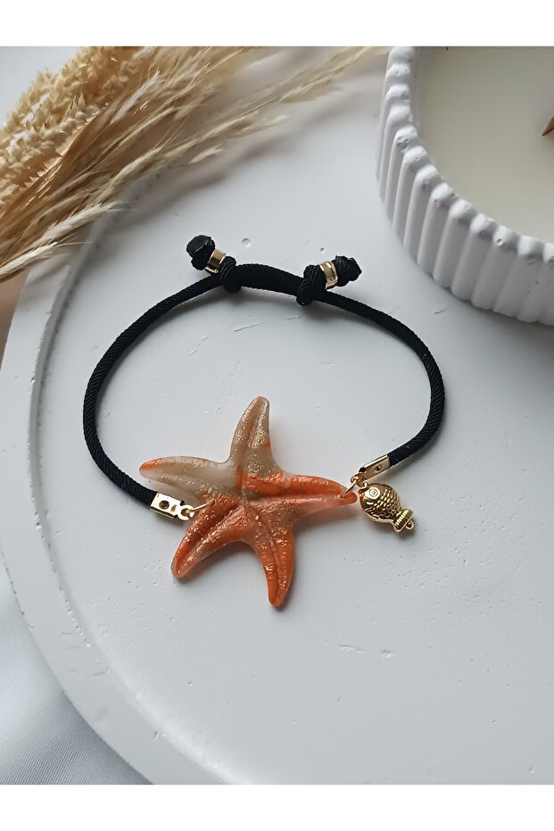 Orange Starfish Gold Fish Handmade Polymer Clay Bracelet Women's Black Bracelet