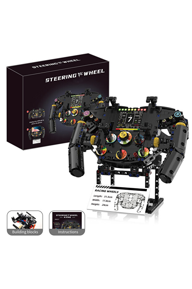 With Box K96217 Simulation Racing Car Steering Wheel Building Blocks Set, Phone Stand Assembly Toy,