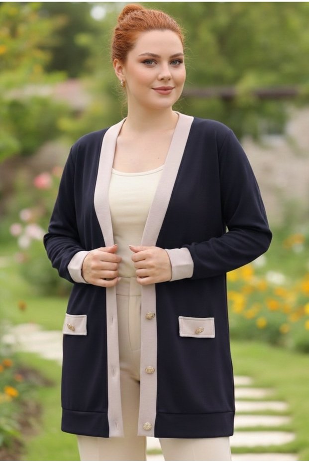Women's Plus Size Beige Garni Front Buttoned Ornamental Flap Pocket Side Slit Stretchy Viscose Cardigan