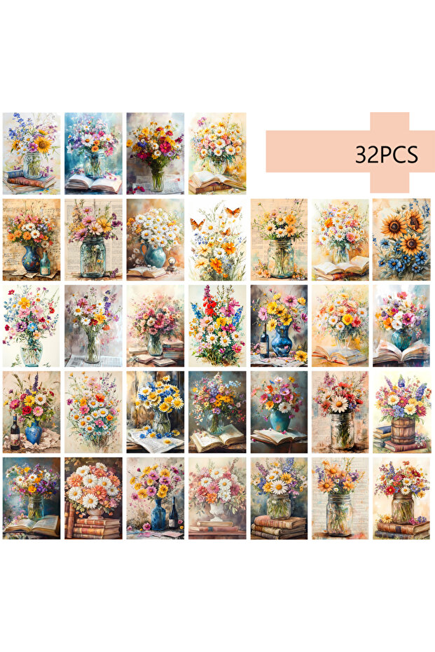 Clear 32pcs retro floral postcards, sunflowers, chrysanthemums, ins style, wall decorations, mailing