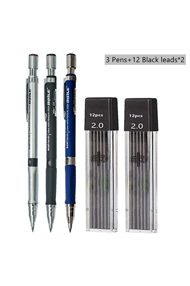 Black Pencil set B Mechanical Pencil Set 2.0 mm with 2B Black/Colors Lead Refill For Writing Sketchi