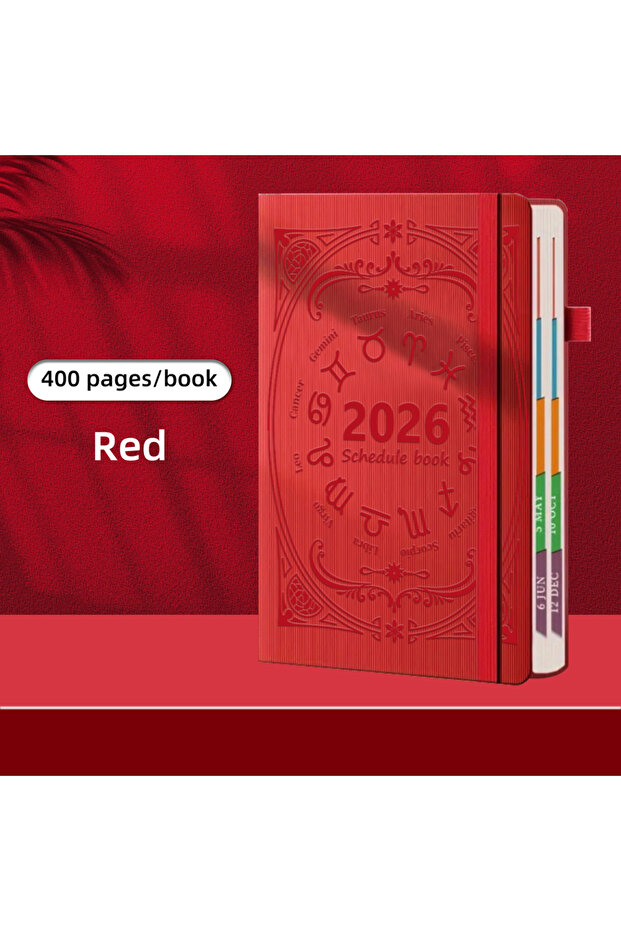 A5 red 2026 A5 Textured PU Portable Agenda Book English Calendar Book Notepads Creative Daily Planne