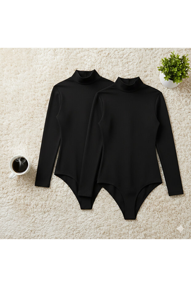 Women's Cotton Stretch Fabric Combed Cotton Long Sleeve Black High Neck 2-Piece Snap Fastener Bodysuit