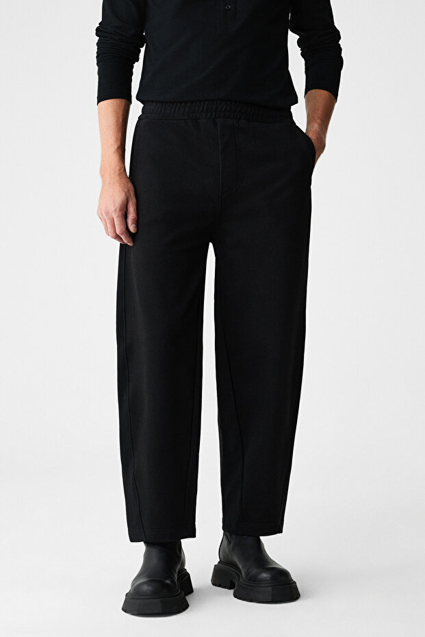 Anomos Men's Cotton Elastic Waist Double Pockets Wide Leg Relaxed Fit Black Sweatpants