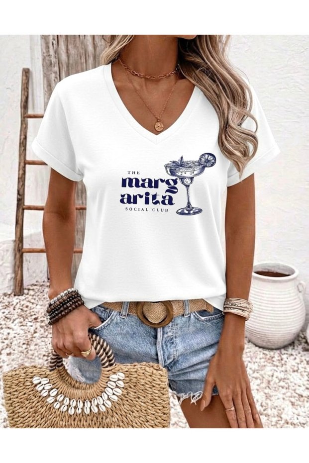 Margarita Printed Women's Oversize V-Neck T-Shirt